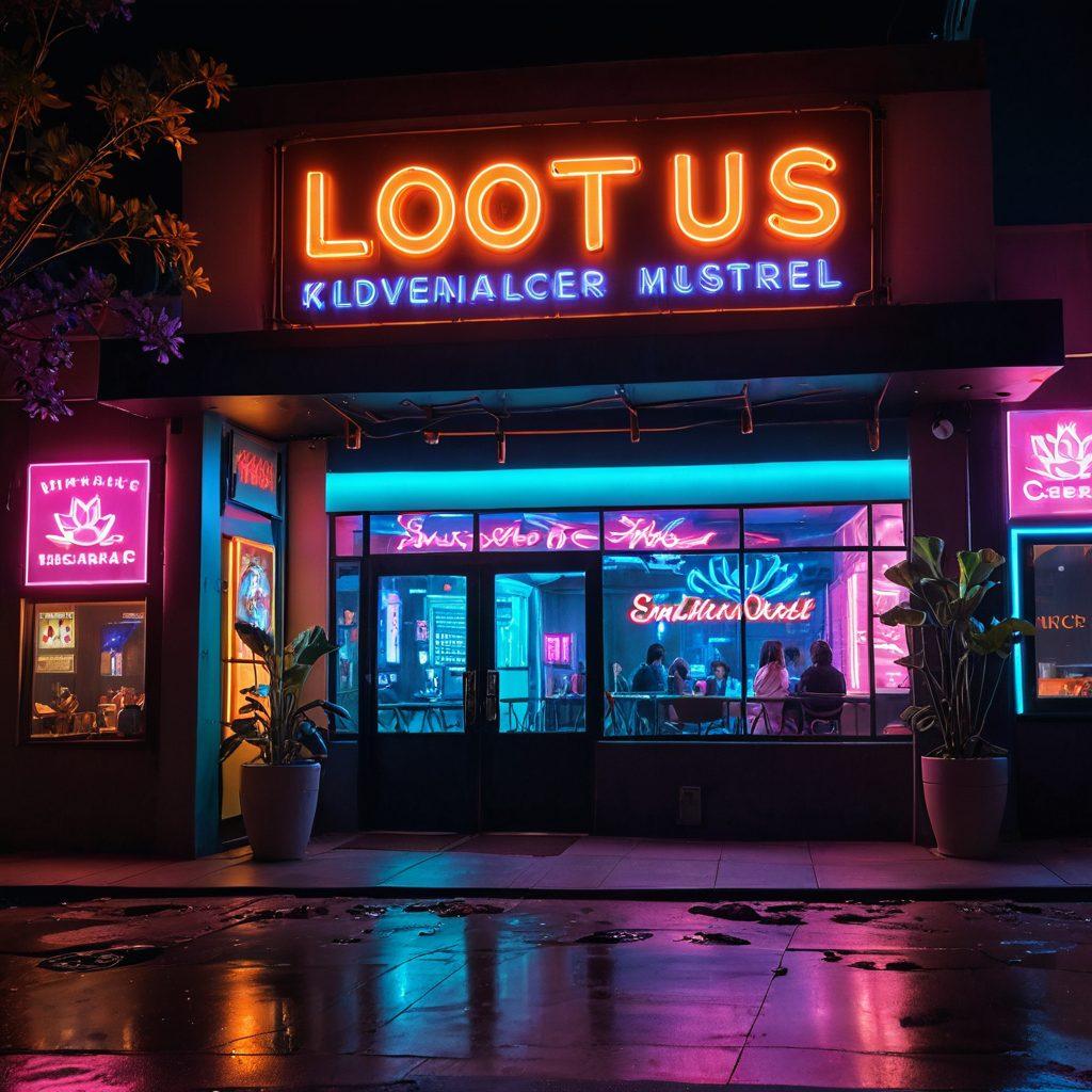 A vibrant and eclectic scene surrounding the Lotus Motel, showcasing neon signs that glow in the dark, with a stylish retro aesthetic. Incorporate hints of adult entertainment themes and anime visuals, featuring characters in playful poses. A luxurious entrance adorned with lotus flowers and intimate lighting that creates a seductive atmosphere. The scene should evoke a sense of adventure and allure. cyberpunk style. vibrant colors. night setting.