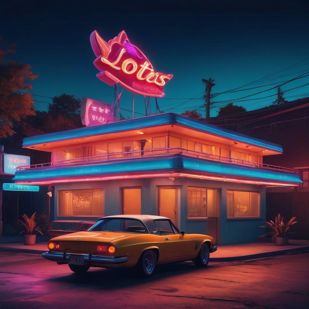 A whimsical and sultry depiction of the Lotus Motel, featuring atmospheric neon lights and a sign with sensual artwork. Incorporate elements of adult anime, with stylized characters playfully interacting in a dreamy setting. The scene should evoke a sense of exploration and fantasy, with soft, warm colors creating an enchanting mood. Add subtle hints of elegance and allure to the environment, emphasizing a blend of relaxation and excitement. vibrant colors. cyberpunk. dreamy.