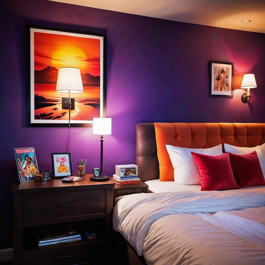 A lush and cozy themed motel room designed with vibrant adult anime decor, showcasing colorful wall art, plush cushions, and ambient lighting. In the foreground, a stack of intriguing erotic anime DVDs and a cocktail on a nightstand, inviting exploration. Elements of fantasy, warmth, and intimacy surround the setting, creating a mysterious and alluring atmosphere. The overall tone should be playful yet sophisticated. super-realistic. vibrant colors. soft lighting.